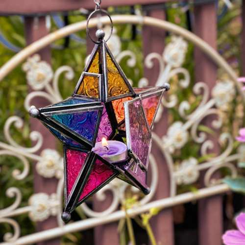 5-Point Star Tealight Lantern — Moroccan-Style Boho Chic Glass and Metal Tealight Hanging Lantern