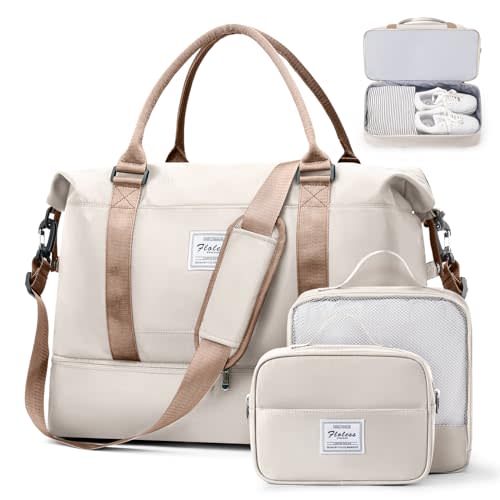 SUNMOP Weekender Bags for Women, Travel Duffel Bags with Shoe Compartment & Wet Pocket,Travel Bag for Airlines,Carry on Overnight Tote Bag for women with Toiletry Bag,3Pcs Set,Beige & Brown
