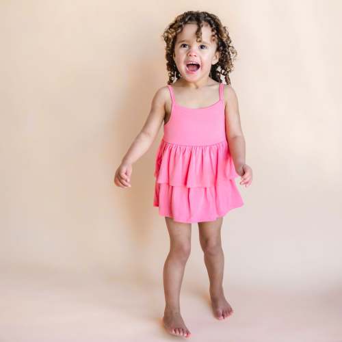 Spaghetti Strap Ruffle Romper in Guava
