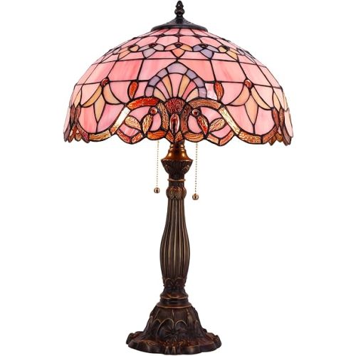 WERFACTORY Tiffany Lamp Pink Stained Glass Baroque Bedside Table Lamp Style Desk Light 16X16X24 Inches Decor Bedroom Living Room Home Office S003P Series