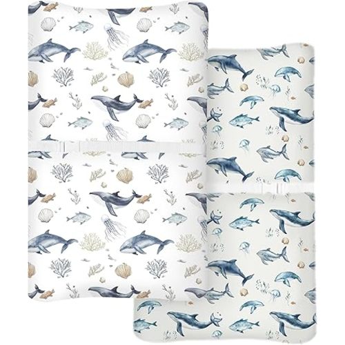 Changing Pad Cover for Baby Boys Girls 2 Pack, Fits Standard 32”×16” Changing Table Pads, Silky Breathable Stretch Knit, Machine Washable (Aquatic Adventures)