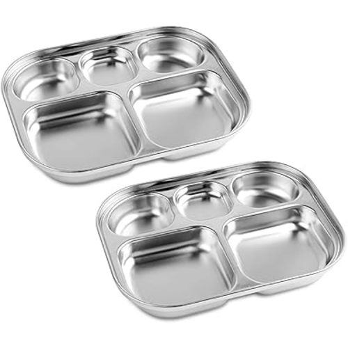 Stainless Steel Divided Plates Tray, 5 Section, Kids Toddlers Babies Small Size, Compact Serving Platter, Dinner Snack, Camping Dishes (2 Pack)