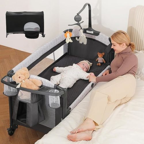 ELEMARA 4 in 1 Wide Baby Bassinet Bedside with Diaper Changer,Long Next to Bed Crib with Mattress,Sheet,Music and Blackout Cover,Playpen Travel Bed with Storage,XL Co Sleeper with 3 Adjustable Height - Grey-bassinet