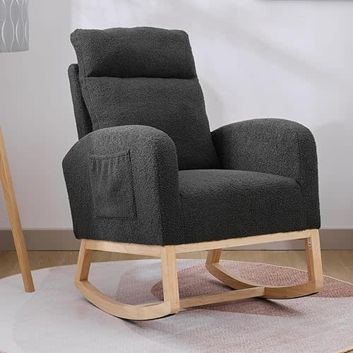 Nursery Rocking Chairs, Upholstered Teddy Fabric Nursing Rocking Chair with High Backrest, Nursery Glider Rocker with Side Pocket for Mom and Baby (Dark Gray)