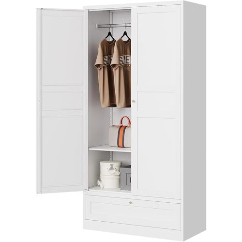 Letaya Wardrobe Closet,72" H Clothing Metal Storage Cabinet with Storage Drawer Adjustable Shelves and Hanging Rod,Bedroom Armoire Cabinet Clothes Organizer (White)