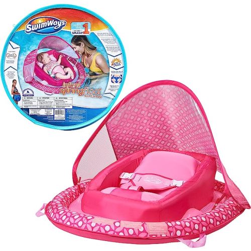 SwimWays Infant Baby Spring Float with Adjustable Sun Canopy - Pink Flower - 5-Pink