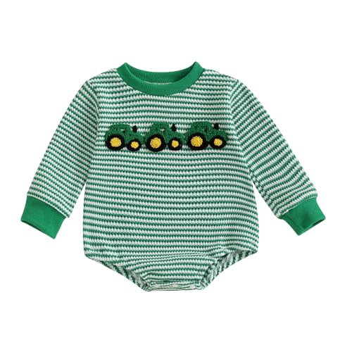 xkwyshop Newborn Baby Boy Girl Summer Outfit Striped Bubble Romper Waffle Farm Tractor Short Sleeve Bodysuit Country Clothes
