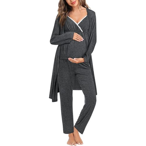 SWOMOG Maternity Nursing Robe Set 3 Piece Breastfeeding Pajamas 3 in 1 Labor Delivery Sleevless Tops&Long Pants Pregnancy Pjs - Medium - Deep Grey