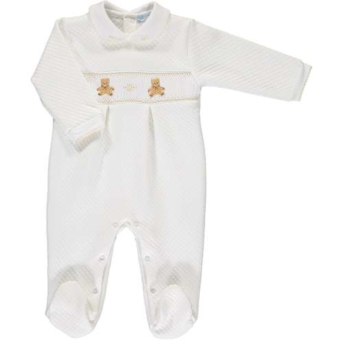 Neutral Nursery Bear Quilted Smocked Footsie
