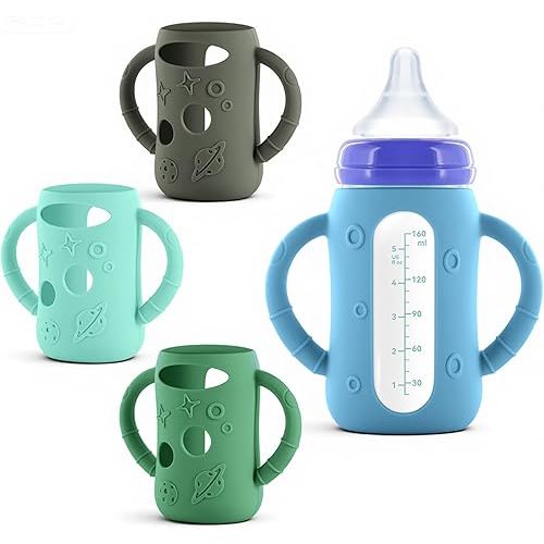 4-Pack Silicone Sleeves for Lansinoh Glass Bottles 5 oz- Starry Sky Design Baby Bottle Holder with Handles,Protectors for Lansinoh Natural Wave Glass Bottles, Anti-Scald Feeding Supplies