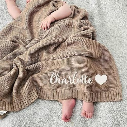 Luxury Personalized Name Knitted Baby Blanket -Embroidered, Soft Breathable Cotton Knit for Newborns - Valentine's Gift for New Moms, Baby Boy, Girl Birthday, Christmas.