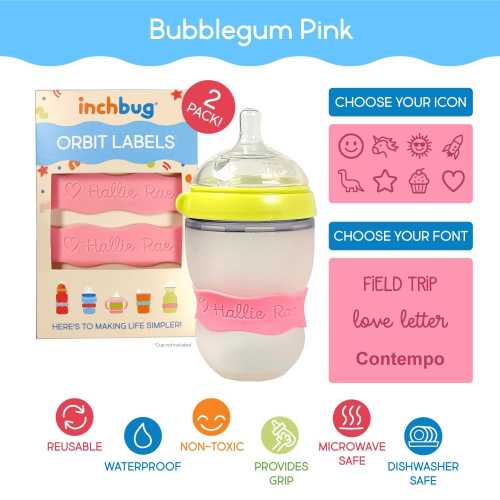Baby Bottle Name Labels Personalized Sippy Cup Name Labels for Daycare School Silicone Bands Engraved Name Label by InchBug (Bubblegum Pink)