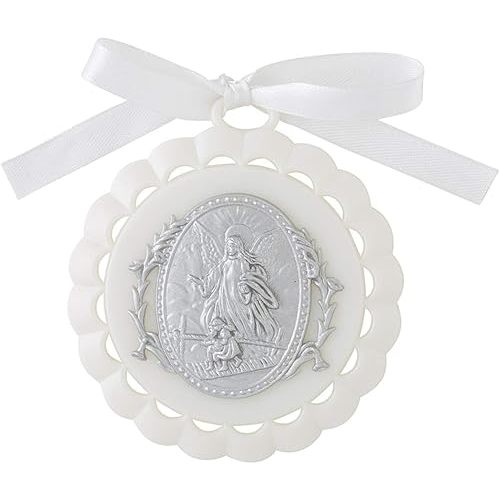 Moulded Crib Medal with Guardian Angel for Baby Nursery Room Decor, 3 1/4 Inch (White)
