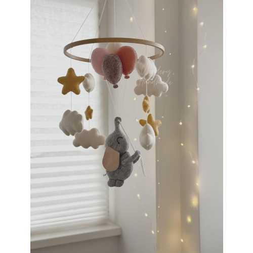 Baby Girl Mobile Elephant with Pink Balloons, Stars and Clouds Crib Mobile for Girl Nursery, Elephant Baby Shower Gift Nursery Decor