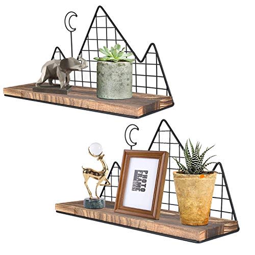 Homode Floating Shelves, Set of 2 Mountain Wall Shelves, Rustic Wood Display Storage Shelf with Metal Wire, Geometric Decor for Bathroom, Nursery, Bedroom, Office, Brown and Black