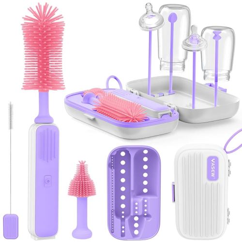 Electric Bottle Brush Cleaner, Baby Bottle Brush Travel Set, 360° Efficient Cleaning, Durable 2000 mAh Battery, Travel Bottle Brush Set with Drainage Rack and Storage Box, Baby Travel Essential