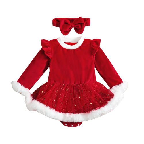 Newborn Christmas Outfit 6M 12M 18M 24M Baby Girl Christmas Dress Red Velvet Onesie Romper Infant First Xmas Dresses