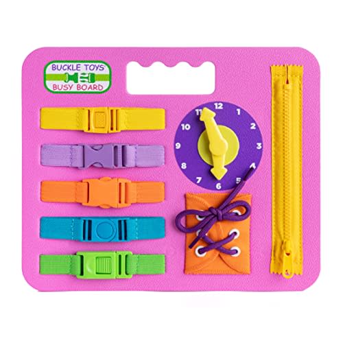 Buckle Toys Busy Board - Montessori Learning Toy for Toddlers - Foam Sensory Board - Develop Fine Motor Skills - Pink