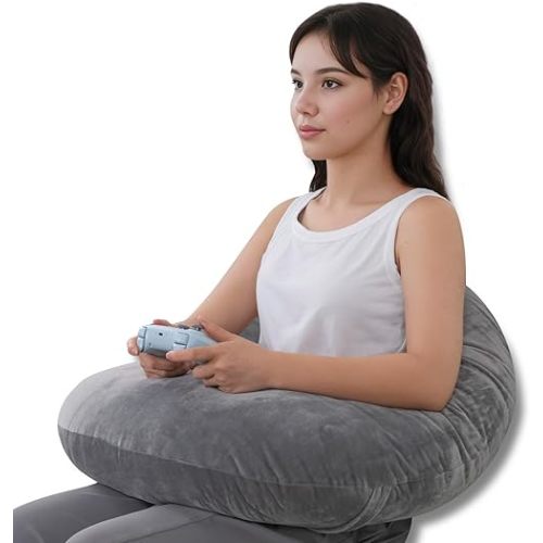 QUEEN ROSE Reading Pillow, Gaming Pillow for Lap, Sitting in Bed or Sofa, Extra Arm Rest for Reading, Playing or Crocheting, Soft Velvet Grey