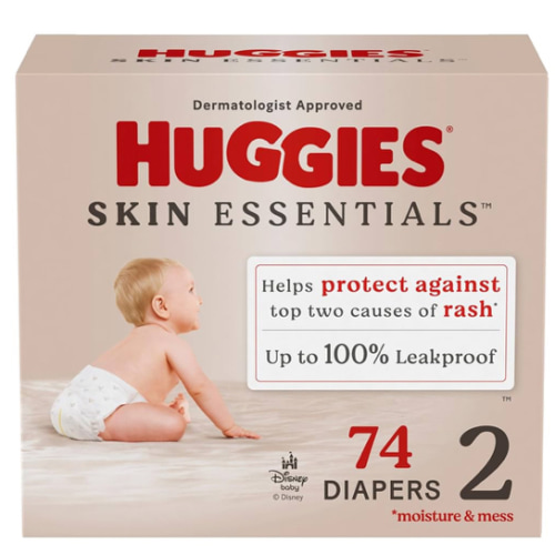 Huggies Size 2 Diapers, Skin Essentials Baby Diapers, Size 2 (12-18 lbs), 74 Count, Packaging May Vary