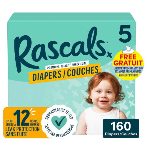 Rascals Premium Absorbent Baby Diapers, Size 5, 160 Count - Walmart.ca