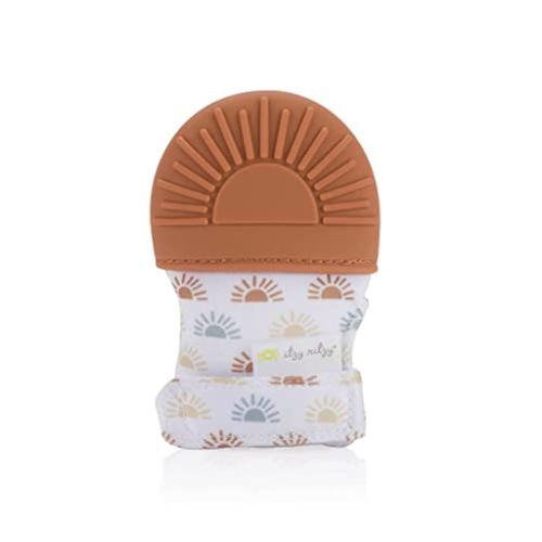 Itzy Ritzy Silicone Teething Mitt - Soothing Infant Teething Mitten with Adjustable Strap, Crinkle Sound & Textured Silicone to Soothe Sore & Swollen Gums - for Ages 3 Months & Up (Terracotta Sun)