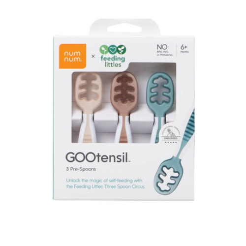 NumNum Baby Spoons Set, Feeding Littles x Silicone Pre-Spoon GOOtensils for Baby Led Weaning, Self-Feeding & Teething, First Stage Toddler Utensils for Ages 6+ Months, 3-Pack, BPA-Free (Neutrals)