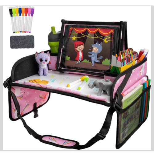 Lusso Gear Travel Car Seat Tray - Dry Erase Board & Secure Tablet Holder for Toddler Travel - Durable 600D Oxford Cloth with Snack & Toy Compartments for Road Trip Essentials for Kids - Pink Unicorn