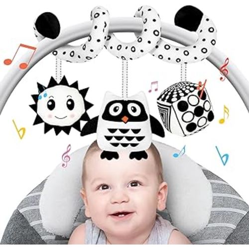 FATI Car Seat Toys for Babies 0-6 Months, Black and White High Contrast Toys for Infants 0-3 Months, Sensory Toys for Newborn 3-6 Months, Spiral Hanging Toys for Baby Stroller/Carseat/Bed/Crib