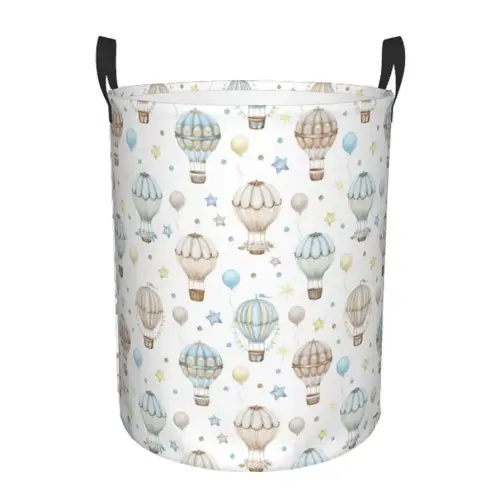 Watercolor Hot Air Balloon Round Laundry Hamper Storage Basket Toys Clothes Organizer Bin For Home Bathroom Bedroom Dorm Nursery, 38l