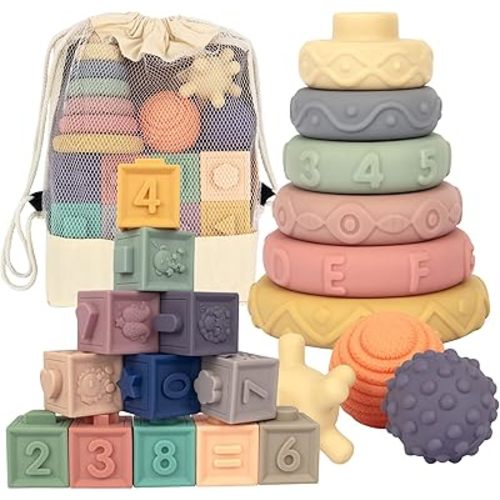 21PCS Montessori Toys for Babies,Teething Toys for Babies Months, 6 Months+, Early Educational Learning Stacking Tower, Sensory for Toddlers 1-3, Soft Rings Stacker & Teethers