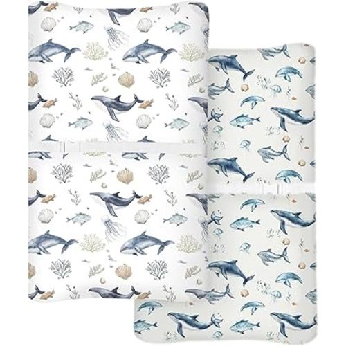 Changing Pad Cover for Baby Boys Girls 2 Pack, Fits Standard 32”×16” Changing Table Pads, Silky Breathable Stretch Knit, Machine Washable (Aquatic Adventures)