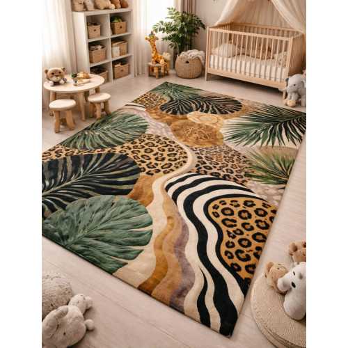 Contemporary Jungle Area Rug, With Tropical Animal print Kids Room vibrant Design rug