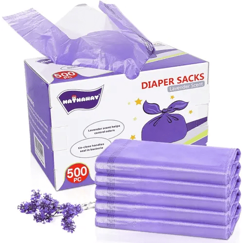 Baby Disposable Diaper Bags Easy-To-Tie Tabs Diaper Sacks with Lavender Scented Diaper Disposal or Pet Waste Bags (500 Count)