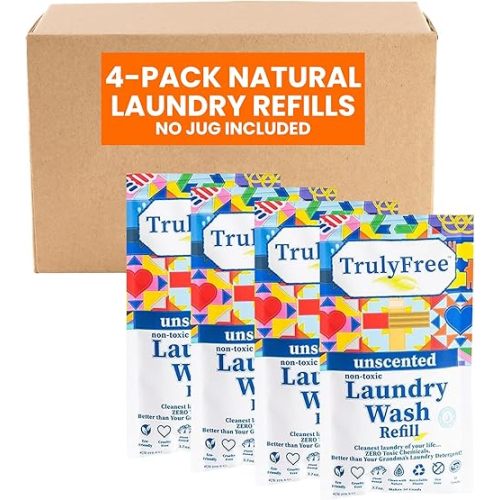 Truly Free Laundry Wash Detergent for Sensitive Skin | Gentle & Safe for Baby Clothes | Plant-Based, Natural Ingredients | Unscented | Refill Only (200 Loads)