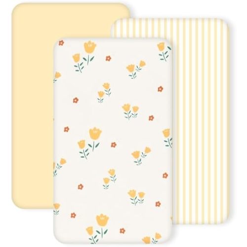 3 Pack Stretchy Bassinet Sheets - Universal Fit for Rectangle, Round, Oval, Hourglass Cradles & Moses Baskets - Soft Breathable Fitted Bassinet Sheets Set for Baby - Yellow & Flower