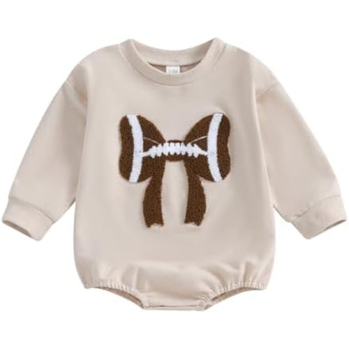 Karuedoo Newborn Baby Boy Girl Football Outfit Football Bow Sweatshirt Romper Oversized Long Sleeve Bubble Romper Bodysuit