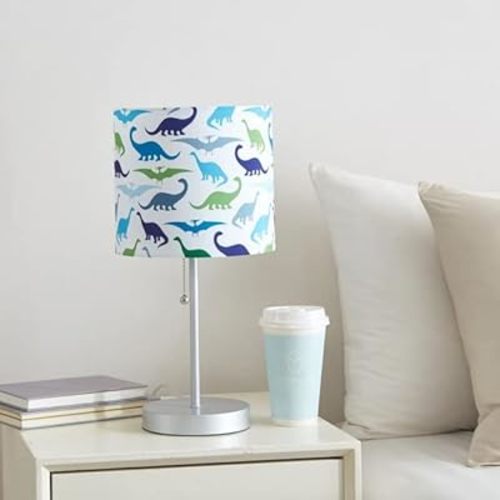Heritage Kids Dinosaur Printed Fabric Shade Stick Table Lamp with Silver Metal Base and Pull Chain, Blue