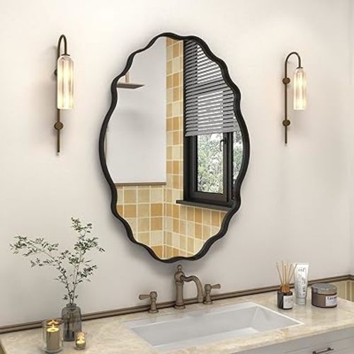 22x30 Irregular Wall Mirror, Matte Black Oval Wavy Framed Bathroom Mirror, Modern Black Vanity Mirror, Decorative Wall Mirror(Horizontal/Vertical)