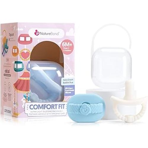 NatureBond Baby Pacifier Soother Soothie Silicone Binky Newborn Teether Pacifiers 2 in 1, Curved for Comfort | Hygiene Cover (Above 6 Months, Bubble Blue and Ivory Cream)