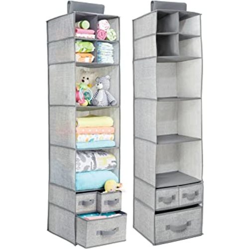 mDesign Fabric Hanging Organizer - Closet Rod Storage - 7 Shelves/3 Drawers for Baby Nursery Bedroom Organization - Hold Clothes, Linens, Toys, Accessories - Lido Collection - 2 Pack - Gray