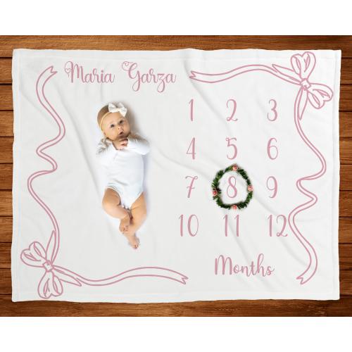 Coquette Bow Milestone Blanket Baby Girl Blush Ribbon Month Blanket Personalized Baby Shower Gift Baby Nursery New Mom Gift with Marker