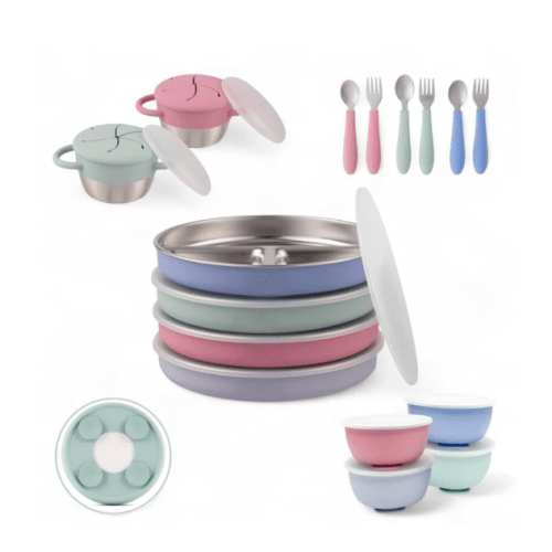 Stainless Steel Mealtime Bundle | Sucton Sleeves | Plates, Bowls, Snack Cups + Toddler Utensils | 16 Pcs | Blush/Lilac/Sage/MistyBlue