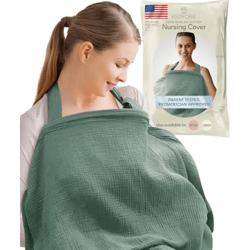 Kiddycare Nursing Cover, Muslin Cotton Privacy Nursing Covers, Gentle on Baby's Skin, Discreet Breastfeeding Covers for Nursing Moms, Breathable Nursing Cover Up for Breastfeeding Essentials (Basil)