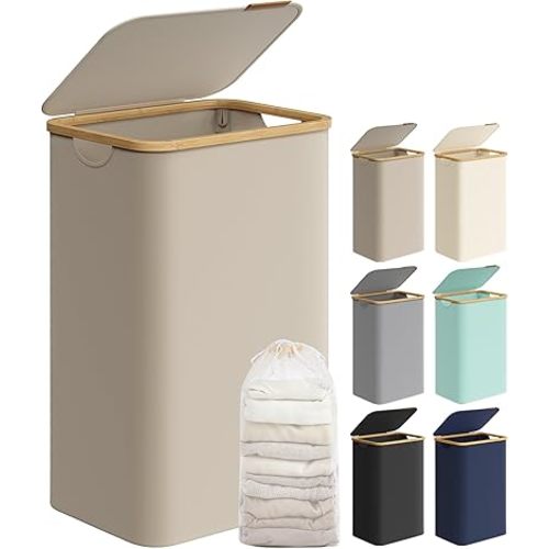 SONGMICS Laundry Hamper with Lid, Large Laundry Basket, 23.8 Gallons (90L), Removable Mesh Liner, Bamboo Handles, Collapsible, 16.5 x 12.6 x 27.8 Inches, Camel Brown ULCB509N01