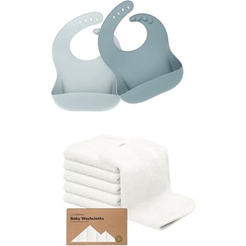 KeaBabies 2-Pack Baby Silicone Bibs and Baby Washcloths - Waterproof, Easy Wipe Silicone Bib for Babies, Toddlers - Bamboo Viscose Baby Towels and Washcloth