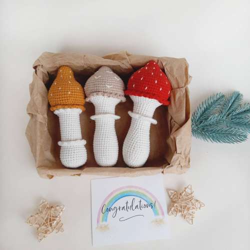 Mushroom baby rattle woodland baby shower gift, Crochet cute mushroom baby gift, Autumn nursery decor mushroom plush
