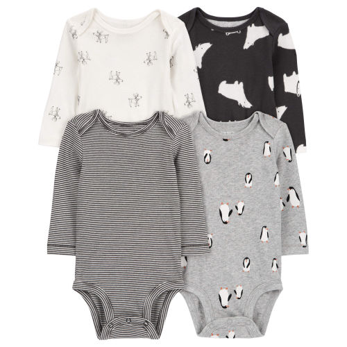 Baby 4-Pack Long-Sleeve Winter Animals Bodysuits