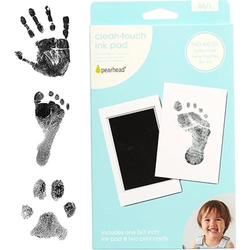 Pearhead Clean-Touch Baby Ink Pad, No Mess Clean-Touch Ink Pad with Imprint Cards, Safe for Skin, Perfect DIY Handprint and Footprint Keepsake for Family - Black, Medium/Large