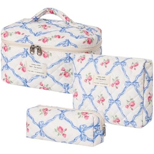 3Pcs Large Quilted Makeup Bag for Women and Girls, Cute Coquette Floral Cotton Cosmetic Bag, Aesthetic Travel Organized Toiletry Bags (3Pcs Blue Bows)